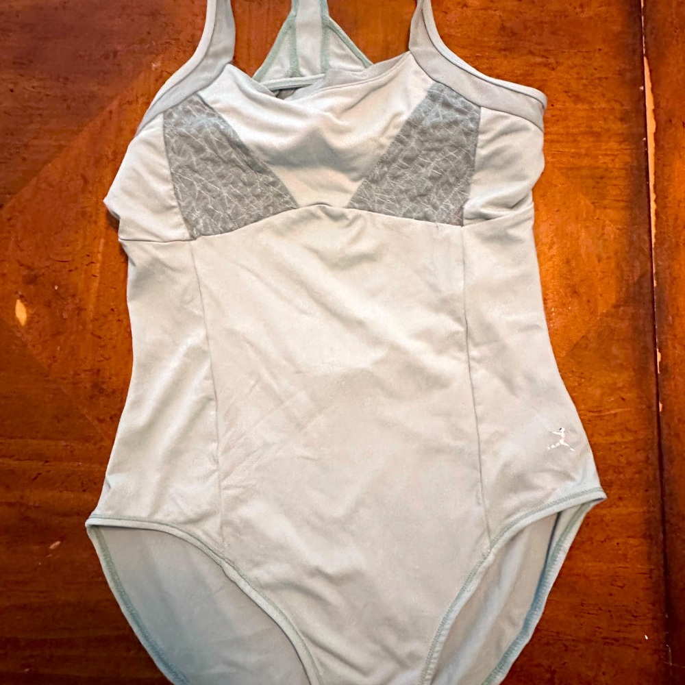 Danskin Women’s Dance Leotard Sz 12-14, Light blue with lace trim, cut out back